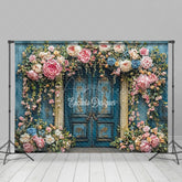 Aperturee - Aperturee Vintage Floral Doorway Photography Backdrop Blue Door with Pink Flowers Secret Garden Wedding Photo Background